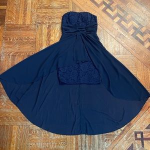 La Scala High Low Chiffon/Lace Strapless Dress in Navy